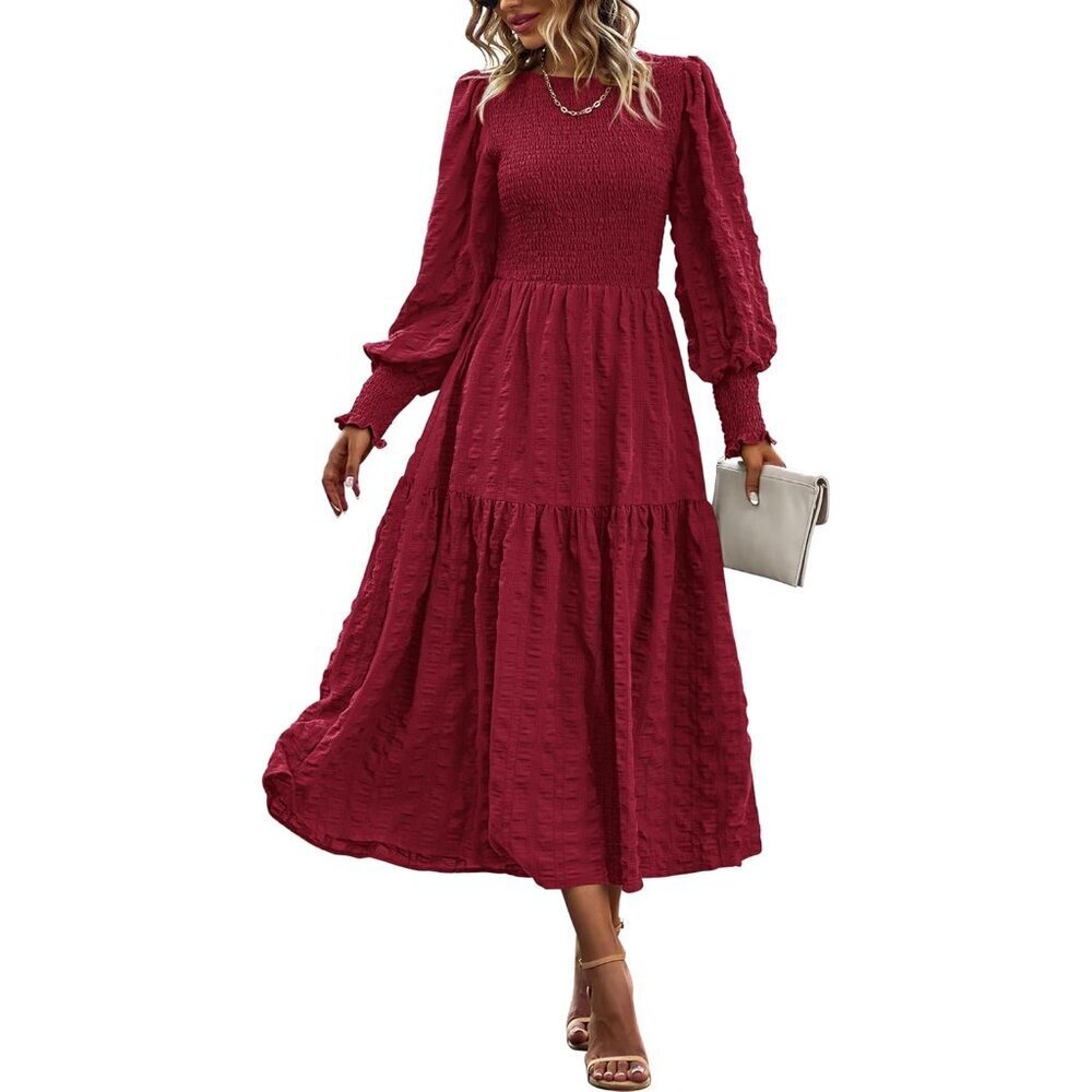 Women Maxi Dress Long Sleeve Smocked Empire Waist Flowy Occasion Wear
